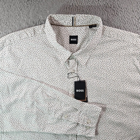 $138 NWT Boss Hugo Boss Button Shirt Men 3XL Geometric Long‎ Sleeve White Cotton